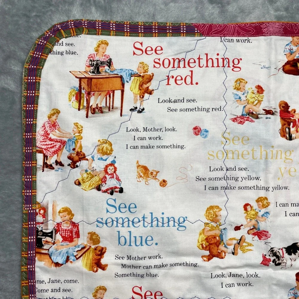Handmade Baby Kids Lap Quilt Vintage Dick and Jane Storybook Print 22x22
